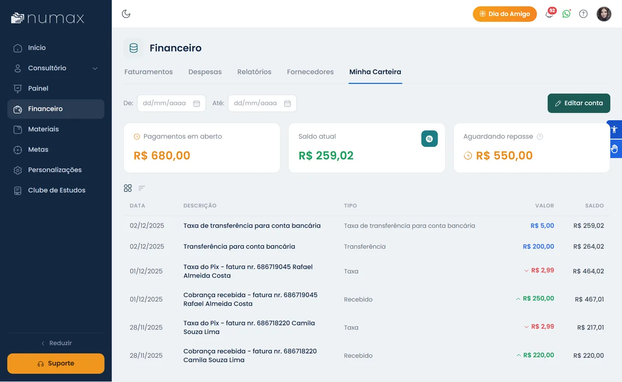 Gestão financeira na Numax — Minha Carteira com extrato de recebimentos, taxas e transferências