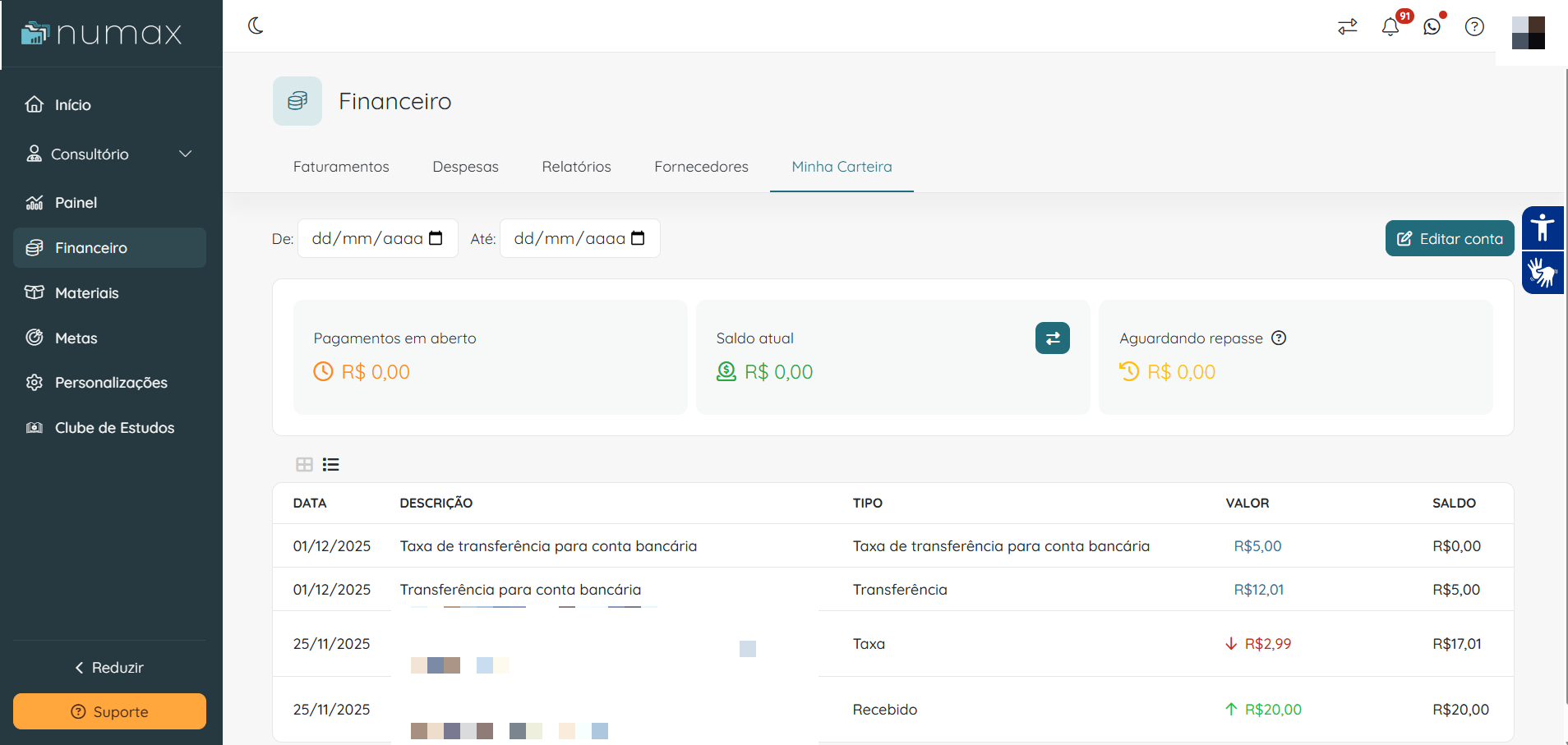 Tela do Financeiro da Numax — Minha Carteira