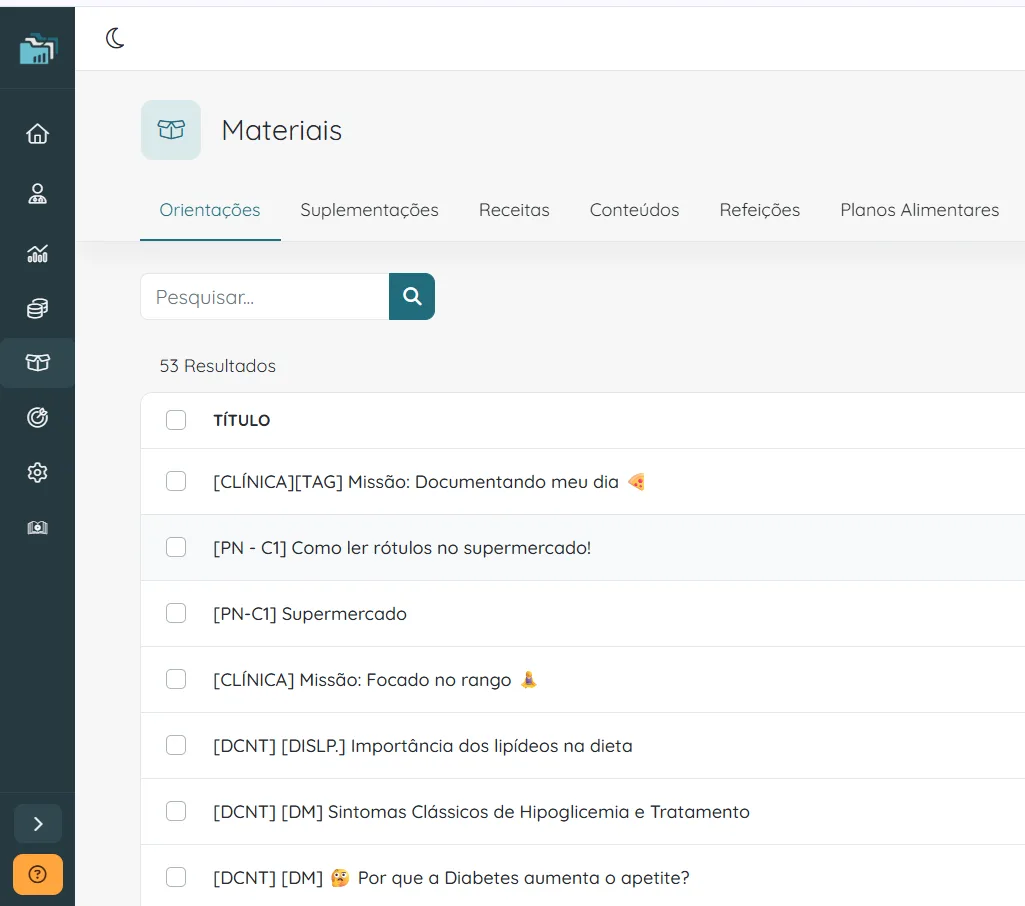 Menu Materiais da Numax