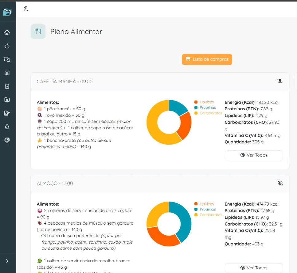 Plano alimentar de paciente dentro da plataforma Numax
